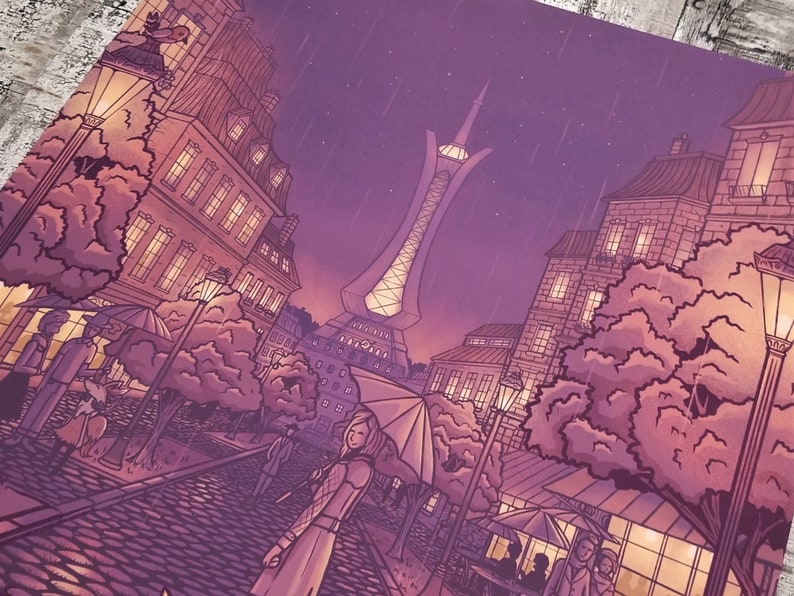 May include: A digital illustration of a city street at night with a tall tower in the background. The street is lined with buildings and trees, and there are people walking around. The sky is a dark purple color, and it is raining.