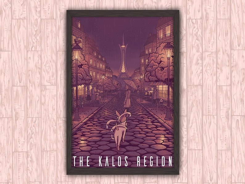 May include: A framed illustration of a city street scene at night with a tall tower in the background. The street is cobblestone and there are streetlights and trees lining the street. The text "THE KALOS REGION" is at the bottom of the image.