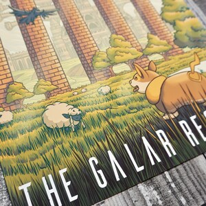 May include: A colorful illustration of a grassy field with a brown and white dog, sheep, and a bird flying overhead. The text "THE GALAR REGION" is printed at the bottom of the image.