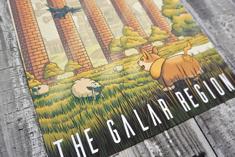May include: A colorful illustration of a grassy field with a brown and white dog, sheep, and a bird flying overhead. The text "THE GALAR REGION" is printed at the bottom of the image.