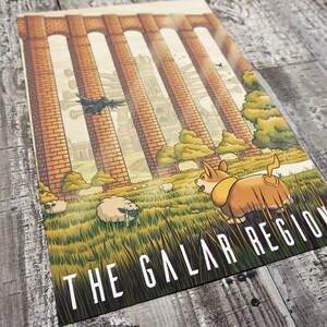 May include: A colorful illustration of a grassy field with a brown and white dog, a flock of sheep, and a black bird flying in front of a brick structure. The text "THE GALAR REGION" is at the bottom of the image.