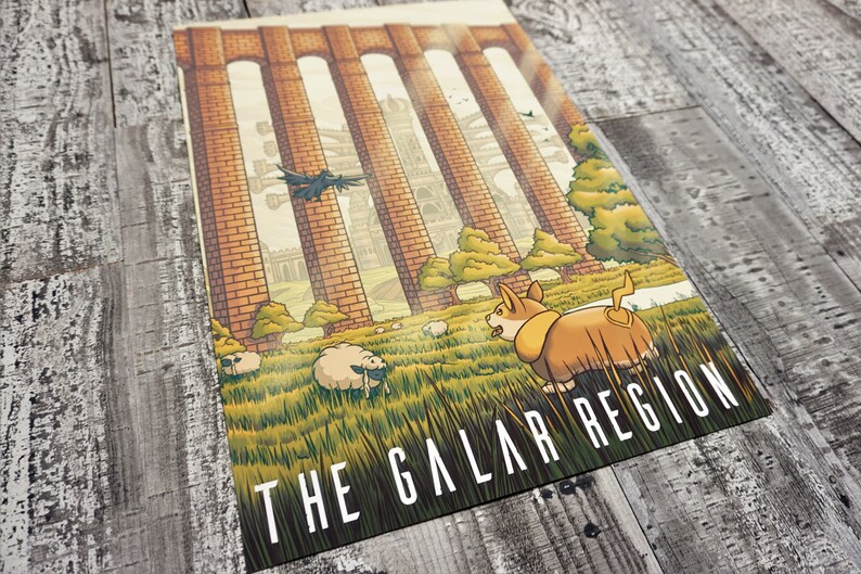 May include: A colorful illustration of a grassy field with a brown and white dog, a flock of sheep, and a black bird flying in front of a brick structure. The text "THE GALAR REGION" is at the bottom of the image.
