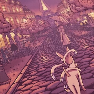 May include: A digital illustration of a city street at night with a pink and purple color scheme. A small, white, furry creature with a pink tail walks down the cobblestone street. The creature is looking back at the viewer. The street is lined with buildings and trees. There are people walking on the street.