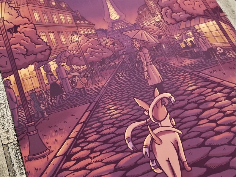 May include: A digital illustration of a city street at night with a pink and purple color scheme. A small, white, furry creature with a pink tail walks down the cobblestone street. The creature is looking back at the viewer. The street is lined with buildings and trees. There are people walking on the street.
