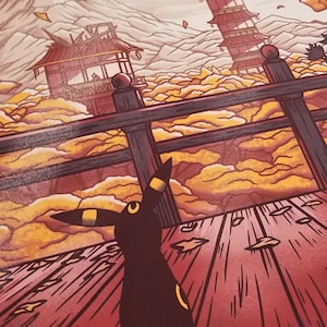 May include: A black and yellow Pokemon character stands on a wooden deck, looking up at a distant building. The background is a yellow and orange landscape with a red building in the distance.