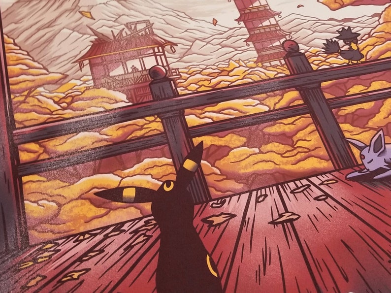 May include: A black and yellow Pokemon character stands on a wooden deck, looking up at a distant building. The background is a yellow and orange landscape with a red building in the distance.