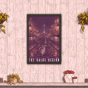 May include: A framed print of a city street scene with a purple sky and a tall tower in the distance. The text "THE KALOS REGION" is at the bottom of the print.