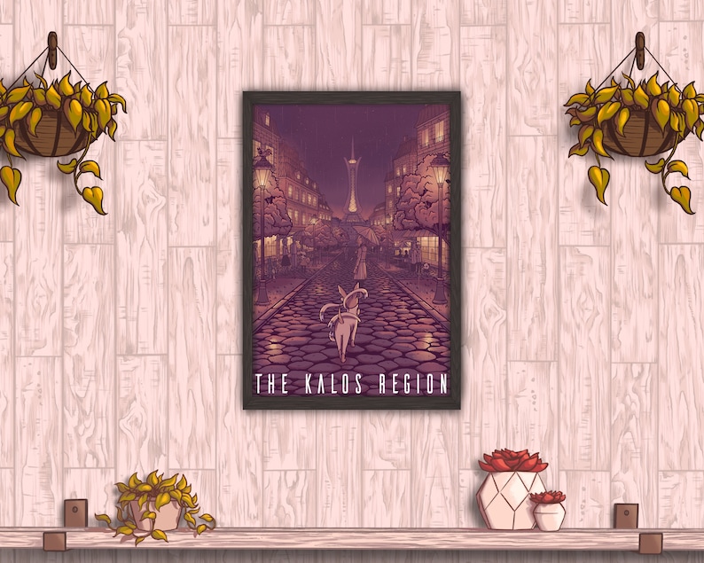 May include: A framed print of a city street scene with a purple sky and a tall tower in the distance. The text "THE KALOS REGION" is at the bottom of the print.