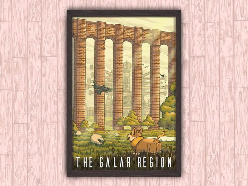May include: A vintage-style illustration of a landscape with a large brick archway, a small dog, and a bird flying overhead. The text "THE GALAR REGION" is at the bottom of the image.