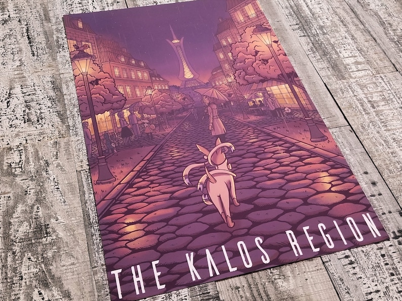 May include: A purple and pink illustration of a city street at night with a tall tower in the distance. The text "THE KALOS REGION" is at the bottom of the image.
