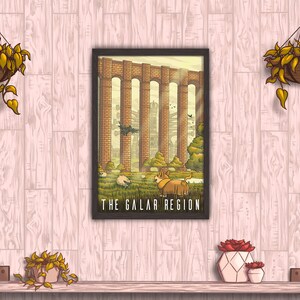 May include: A framed illustration of a cityscape with a large building in the background and a dog walking in the foreground. The text "THE GALAR REGION" is at the bottom of the image.
