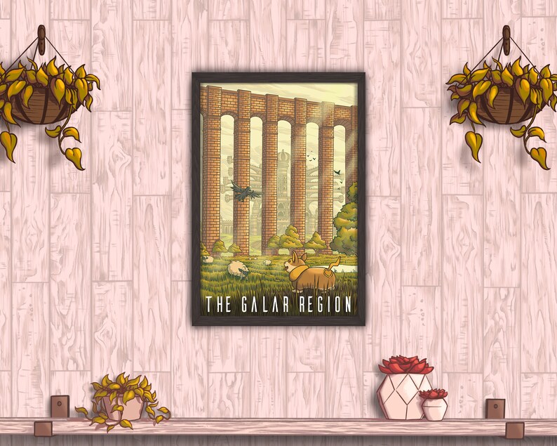 May include: A framed illustration of a cityscape with a large building in the background and a dog walking in the foreground. The text "THE GALAR REGION" is at the bottom of the image.