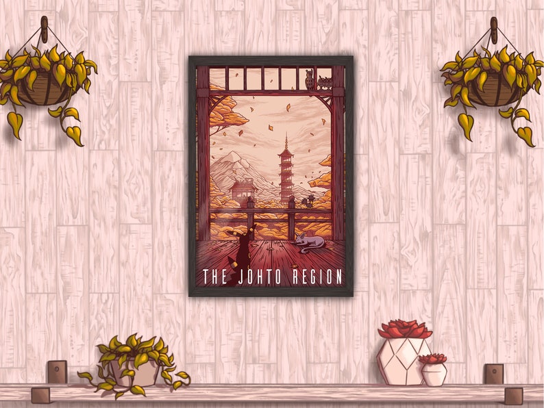 May include: A framed illustration of a Japanese landscape with a pagoda, mountains, and falling leaves. The text "THE JONTO REGION" is at the bottom of the image.