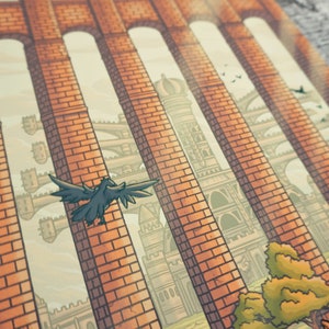 May include: A close-up of a brick archway with a view of a distant city. The city is made of stone and has many towers. A black crow flies through the archway.