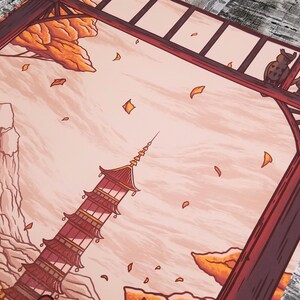 May include: A red and gold pagoda with a white background. The pagoda is surrounded by falling leaves and a mountain range. The image is framed by a wooden structure with a red and gold owl perched on top.