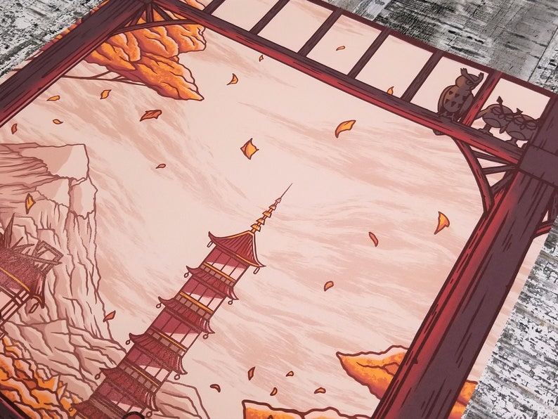 May include: A red and gold pagoda with a white background. The pagoda is surrounded by falling leaves and a mountain range. The image is framed by a wooden structure with a red and gold owl perched on top.