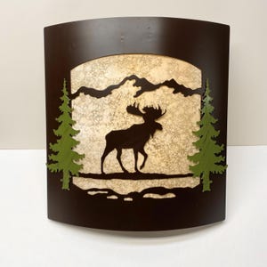 Rustic Moose with Painted Pine Wall Sconce - Frosted Amber Glass & Bronze Metal - Lodge Cabin Decor - Woodland Nature Wall Light Fixture