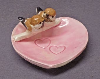 Handmade Ceramic Trinket Dish with Love Birds - Ring Holder, Jewelry Holder, Love Birds, Wedding Gift  Anniversary Gift  Romantic Art