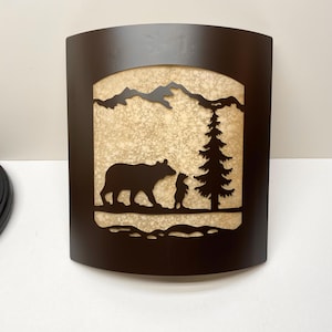 Rustic Bear and Cub Wall Sconce – Amber Glass & Burnished Bronze Metal Light - Lodge Cabin Decor - Woodland Nature Wall Light Fixture