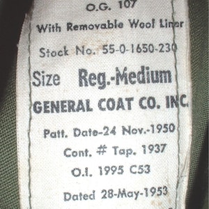 US Army M-1950 overcoat Medium Regular; General Coat Company 28 May 1953; Liner NOT included