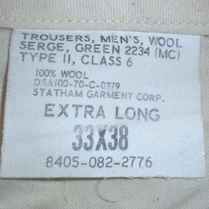 USMC US Marine Corps olive drab wool service trousers D.J. Catalano 1970 dated; 32X30