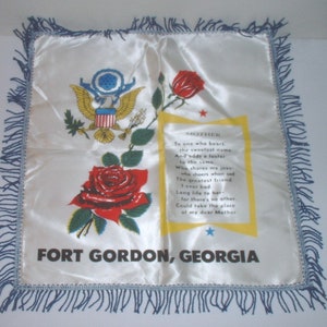 US Army &quot;sweetheart&quot; pillow sham from Fort Gordon, Georgia circa???   17&quot; X 17&quot;