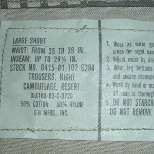 US Army USMC Night Camouflage Trousers Lg Short G. B. Mfg. 1983 unissued Gulf War collectible