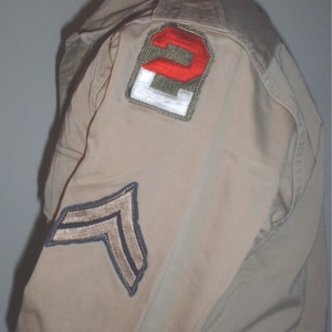 US Army cotton khaki service shirt 15 X 32, long sleeve circa 1940s; 2nd Army with chevrons