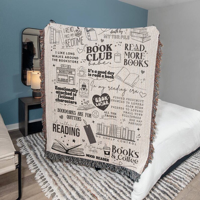Manta tejida de libros Manta para amantes de los libros Regalo para lectores románticos Dichos de libros Manta tejida de reliquia Regalo para lectores Manta única para clubes de lectura imagen 3