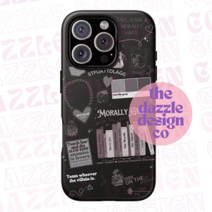 May include: Black and white phone case with a gothic aesthetic. The case features a variety of illustrations, including books, hearts, and a skull. The text "Morally Grey" is prominently displayed on the case.