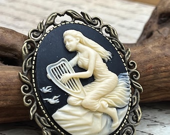 Salt & Silence Siren Inspired Cameo Brooch Occult Resin with Antiqued Bronze Setting Gothic Witch Dark Aesthetic Nautical lore Mermaid