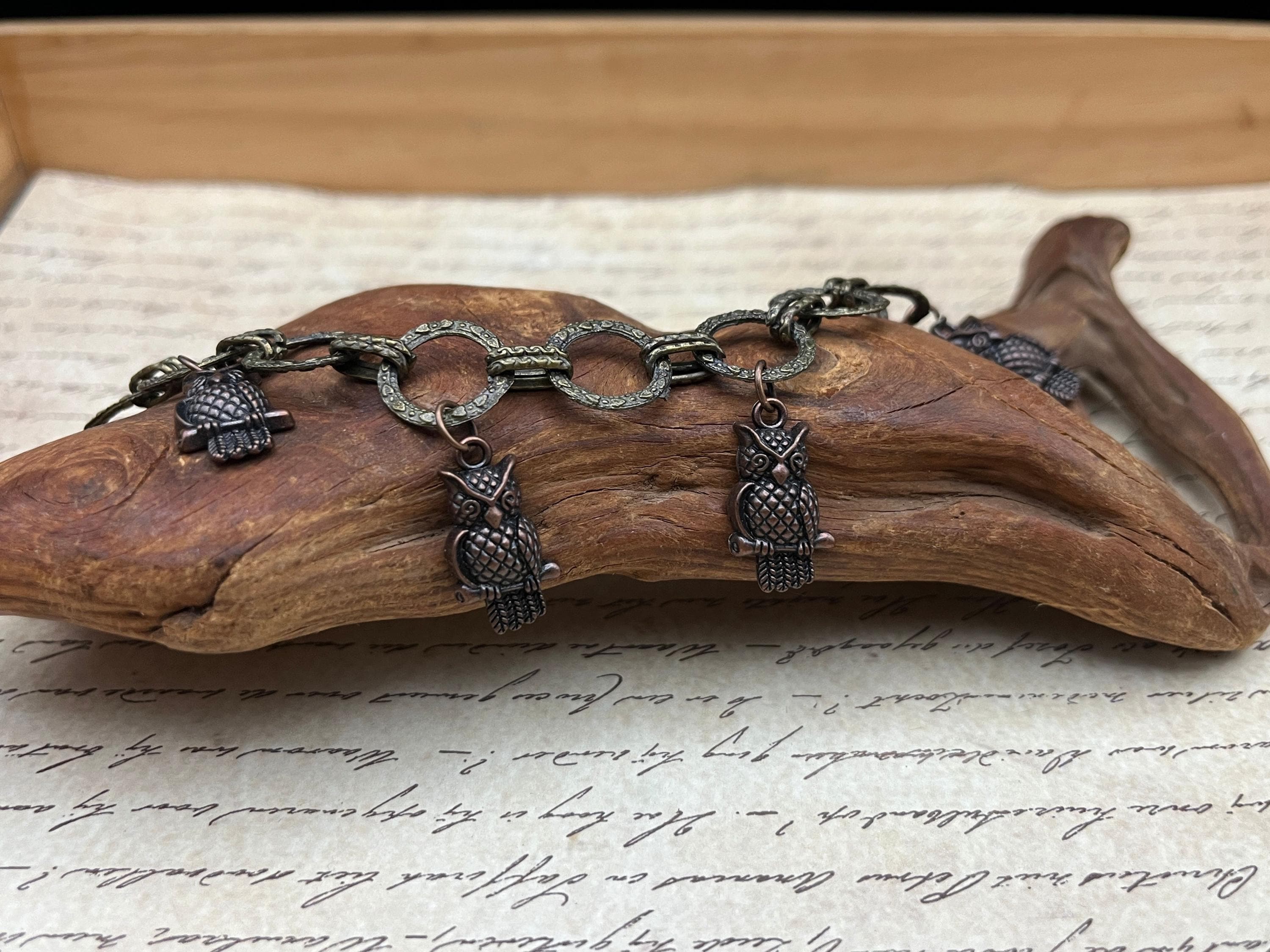 Bronze Owl Charm Bracelet &ndash; Vampire Goth Reliquary