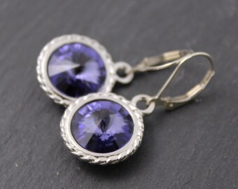 Fancy Purple Swarovski Crystal Rivoli Dangle Earrings with Sterling Silver Ear-wires.