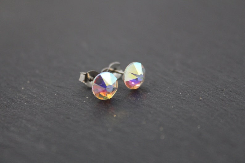 Sparkly Crystal Stud Earrings in Aurora Borealis Finish. Swarovksi AB