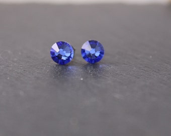 Sapphire Blue Crystal Stud Earrings. Small Blue Post Earrings.