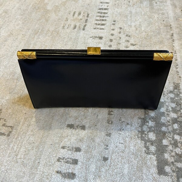 Vintage Bienen Davis Black Leather and Gold Clutch