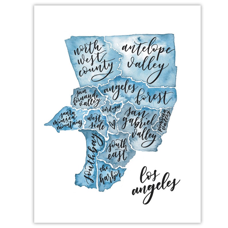Los Angeles Neighborhood Map Art Print Watercolor Wall Art Etsy
