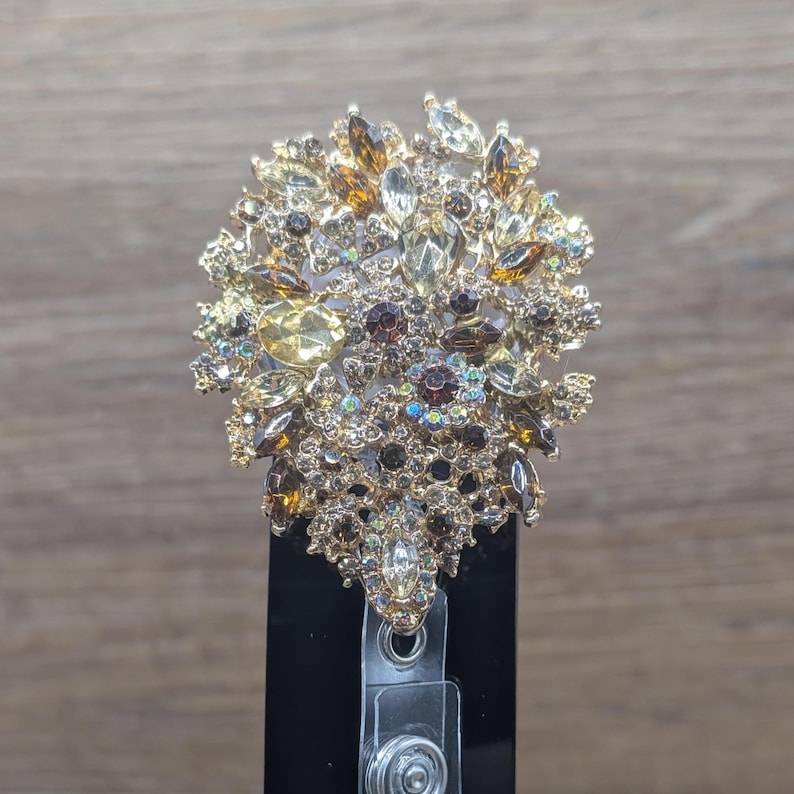 Crystal Flower ID Badge Reel - Gold Tone Rhinestone Alligator Clip - Etsy