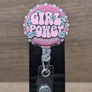 Girl Power Retractable ID Badge Reel Lapel Documents Digital Key ID Holder Unique Design Alligator Clip Hot Pink