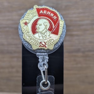 Retractable Id Badge Reel Document Holder Order Of Lenin CCCP Soviet Union USSR October Victory WWII Military Lapel Russian Red Army.