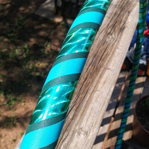 May include: A teal and green hula hoop with a water-like pattern. The hoop has alternating bands of teal and dark green, creating a spiral effect. The design is eye-catching and suitable for fitness or recreational use.