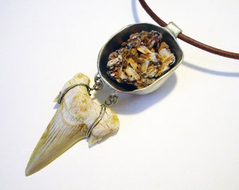 Cerussite Crystals Sterling Silver Pendant with Fossilized Shark Tooth Handcrafted