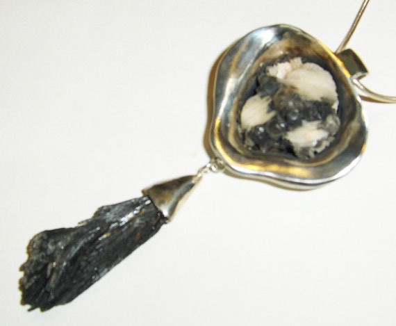 Calcite Galena Crystals with Kyanite Crystals Drop Sterling Silver Pendant Handcrafted