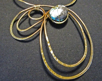 Antiqued Brass Wire Hand Forged Statement Necklace with Chinese Turquoise