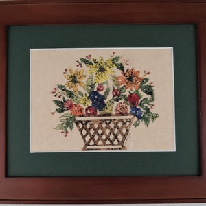 Handcut Paper Flowers in basket MATTED AND FRAMED