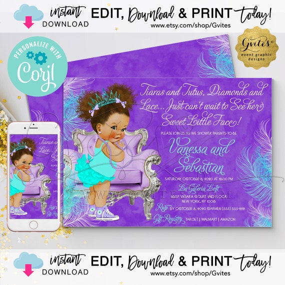 Feathers Baby Shower Invitation Med/Puffs Curly | Tiaras Diamond Lace 7x5" by Gvites