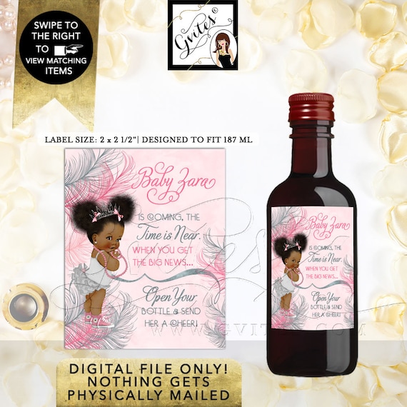 Mini Wine Labels Baby On The Way! Pink & Silver Shower Afro Puffs African American Vintage Girl/ 12 Per/ Sheet 2x2.5" by Gvites