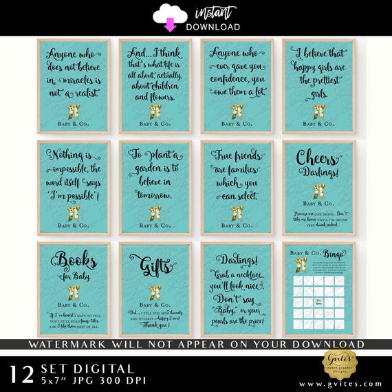 Printable Baby & Co Shower Breakfast at Blue Instant Download Party Bundle Set of 12 | Audrey Quote Signs + Cheers/Book For Baby/Gifts Sign