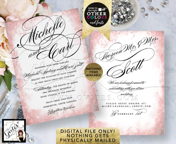 Blush Pink & White Wedding Invitation | Coral Peach Watercolor Wedding | Modern Invites Couples Script Fonts | Double Sided 5x7"