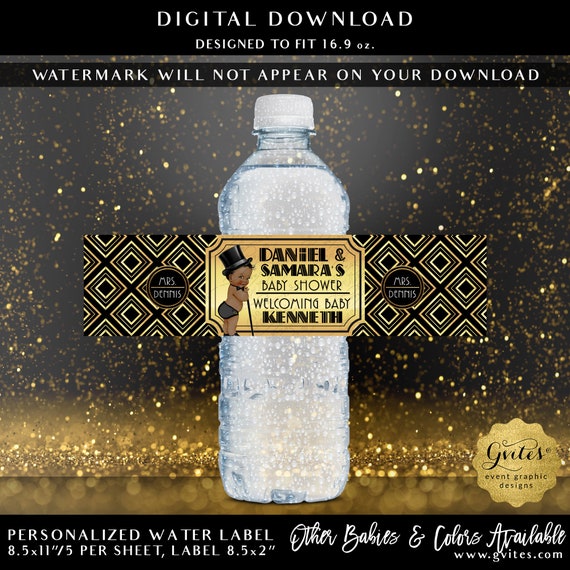 Ethnic Boy Great Gatsby Water Bottle Labels Personalized | Gold Foil & Black 1920s Vintage Theme Baby Shower Party Favor 8.5x2"/5 Per Sheet